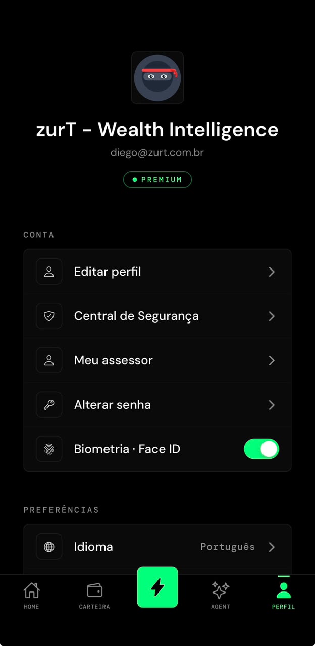 App iOS da ZURT — perfil do investidor